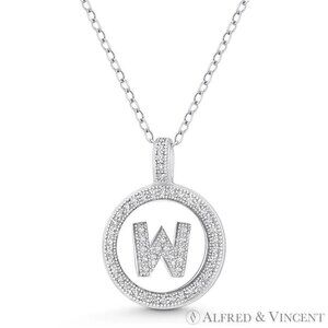 Initial Letter "W" CZ Crystal Pave Pendant in .925 Sterling Silver w/ Rhodium